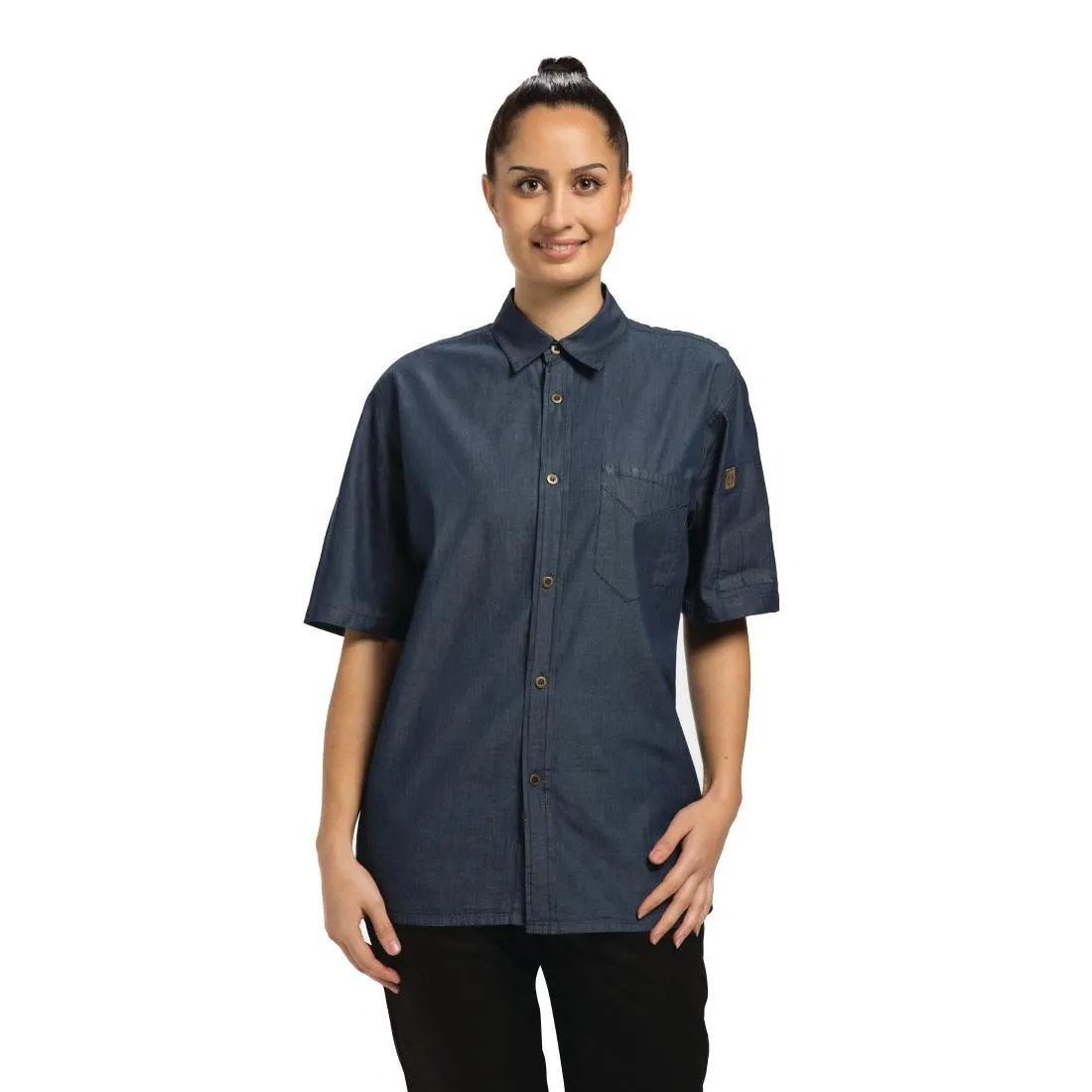B074-S Chef Works Detroit Unisex Denim Shirt Short Sleeve Blue S