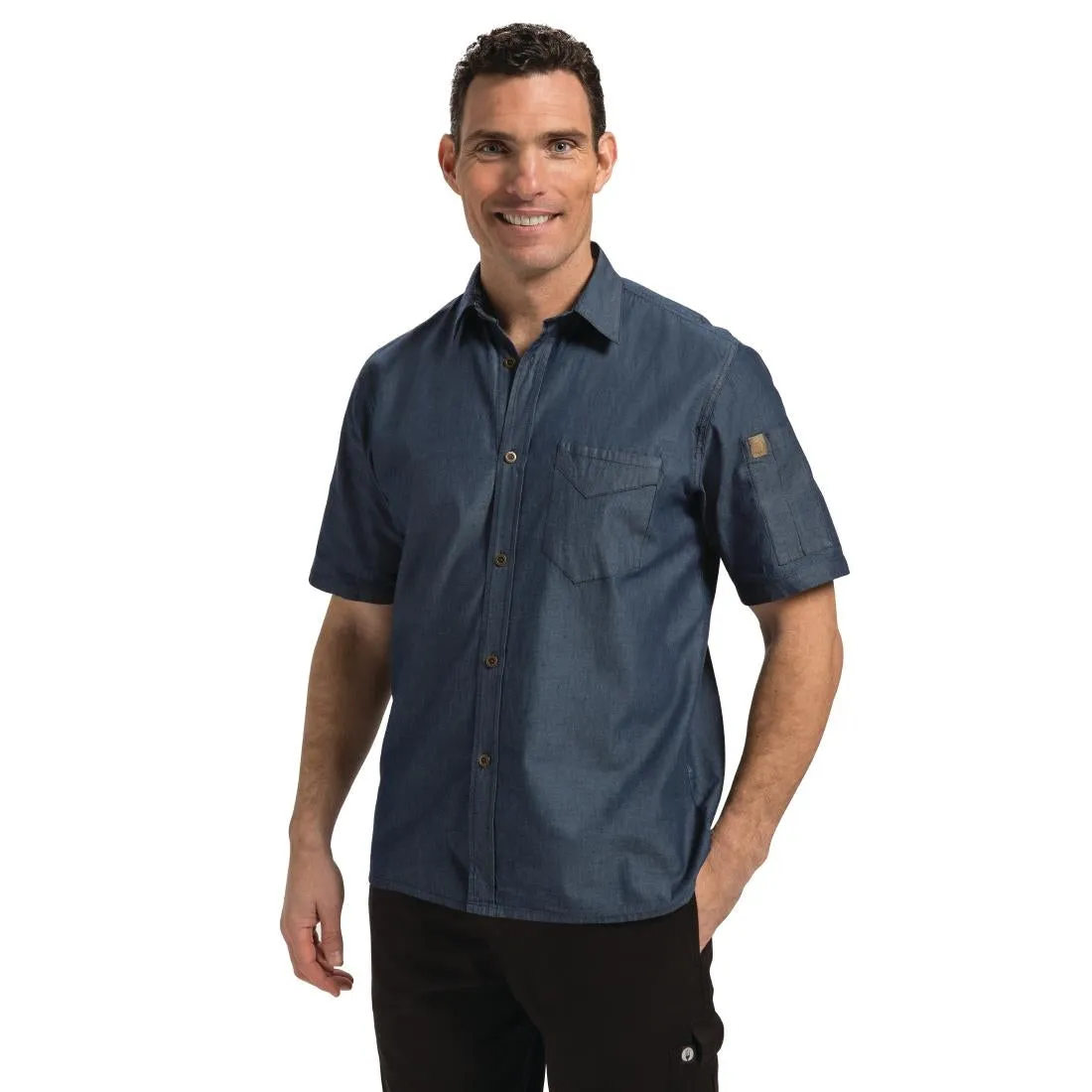 B074-S Chef Works Detroit Unisex Denim Shirt Short Sleeve Blue S