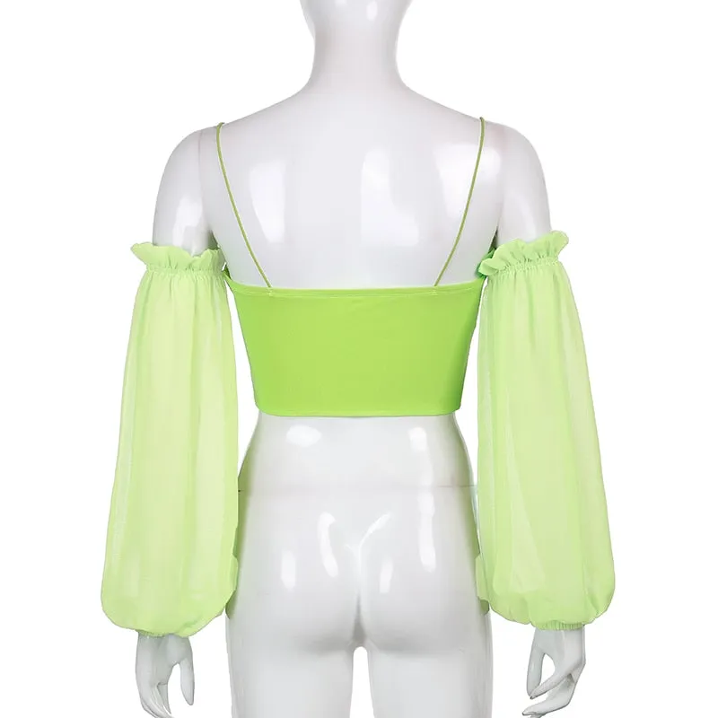 Darlingaga Fashion V Neck Off Shoulder Sexy Mesh Shirt Ladies Skinny Strap Wrap Cropped Tops Chic Summer Blouses Party Clothes