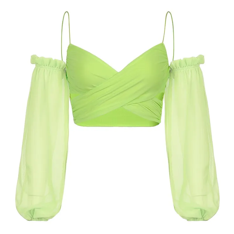 Darlingaga Fashion V Neck Off Shoulder Sexy Mesh Shirt Ladies Skinny Strap Wrap Cropped Tops Chic Summer Blouses Party Clothes