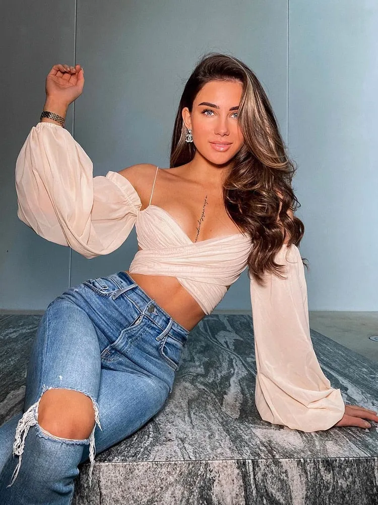 Darlingaga Fashion V Neck Off Shoulder Sexy Mesh Shirt Ladies Skinny Strap Wrap Cropped Tops Chic Summer Blouses Party Clothes