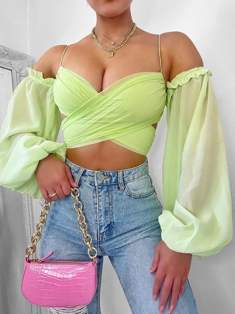 Darlingaga Fashion V Neck Off Shoulder Sexy Mesh Shirt Ladies Skinny Strap Wrap Cropped Tops Chic Summer Blouses Party Clothes