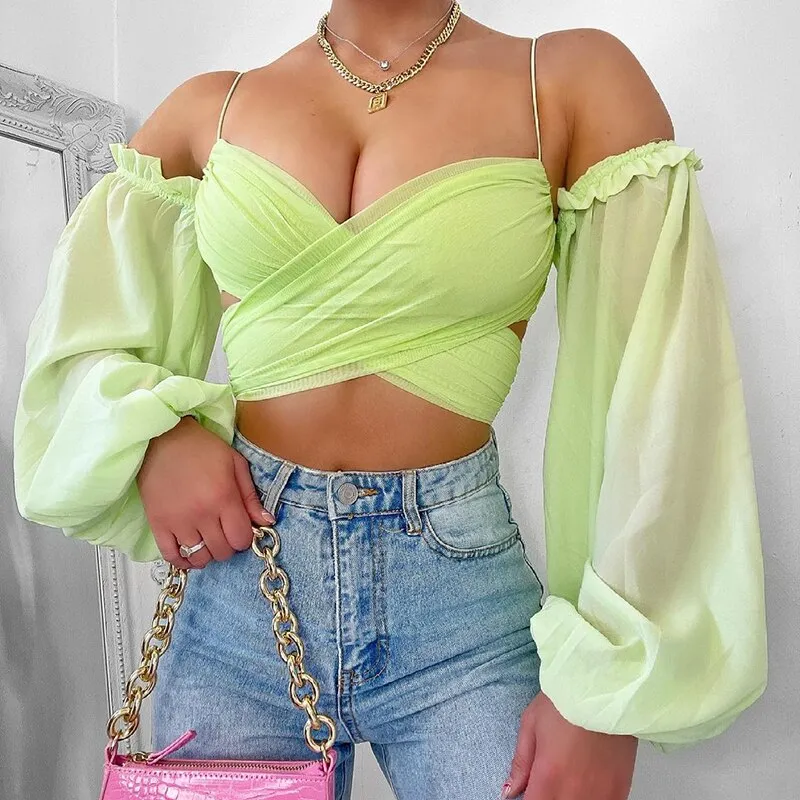 Darlingaga Fashion V Neck Off Shoulder Sexy Mesh Shirt Ladies Skinny Strap Wrap Cropped Tops Chic Summer Blouses Party Clothes