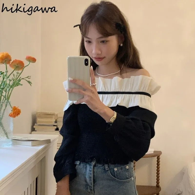 deanwangkt Blusas De Mujer Sexy Slash Neck Blouse for Women Temperament Tops Female Fashion Ruffles Slim Sweet Korean Blouses Shirt