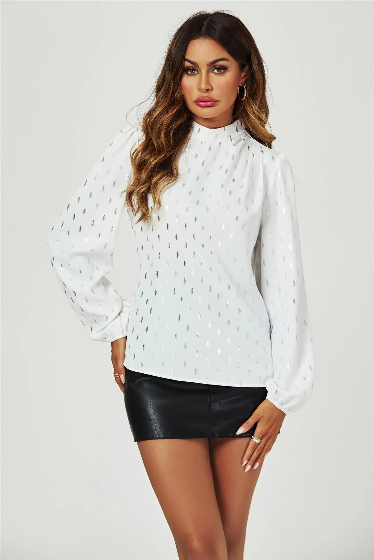 FS Collection Silver Foil Long Sleeve High Neck Top In White