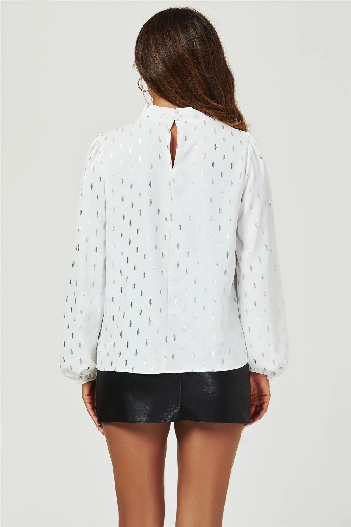 FS Collection Silver Foil Long Sleeve High Neck Top In White