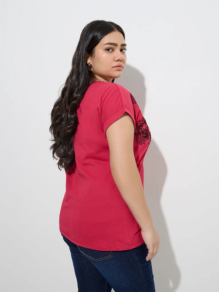 Gia Dark Pink Embroidered Cotton T-Shirt