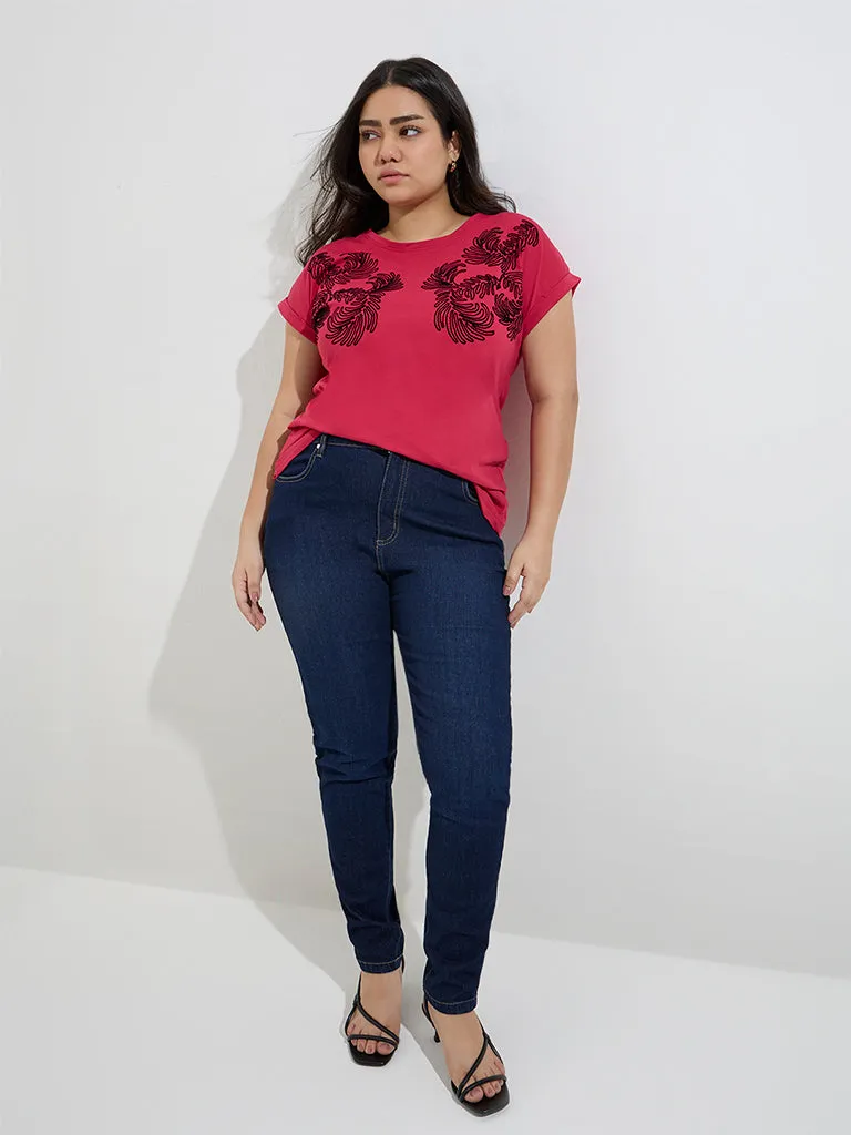 Gia Dark Pink Embroidered Cotton T-Shirt