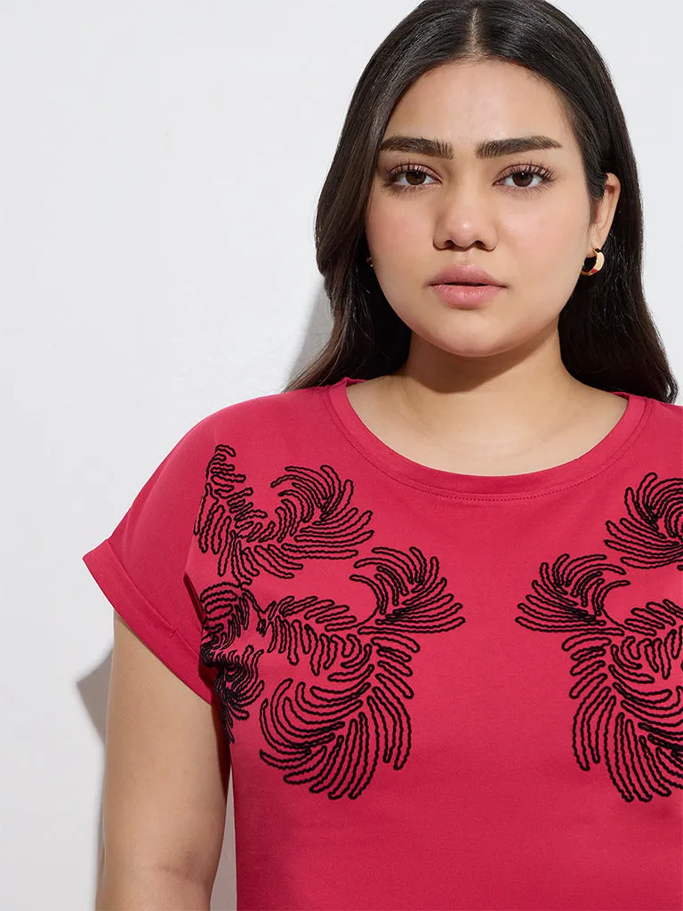 Gia Dark Pink Embroidered Cotton T-Shirt
