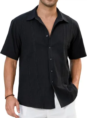 HISDERN Mens Cuban Guayabera Shirts Short Sleeve Casual Button Down Shirts for Men Regular Fit Summer Beach Linen Shirt Solid