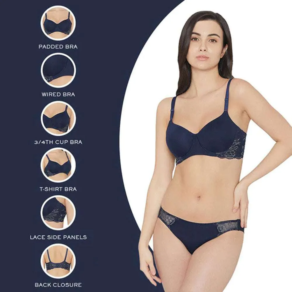 Love to Lace  Padded Wired  3/4th Cup Everyday Wear Medium coverage T-Shirt Bra - Navy Blue