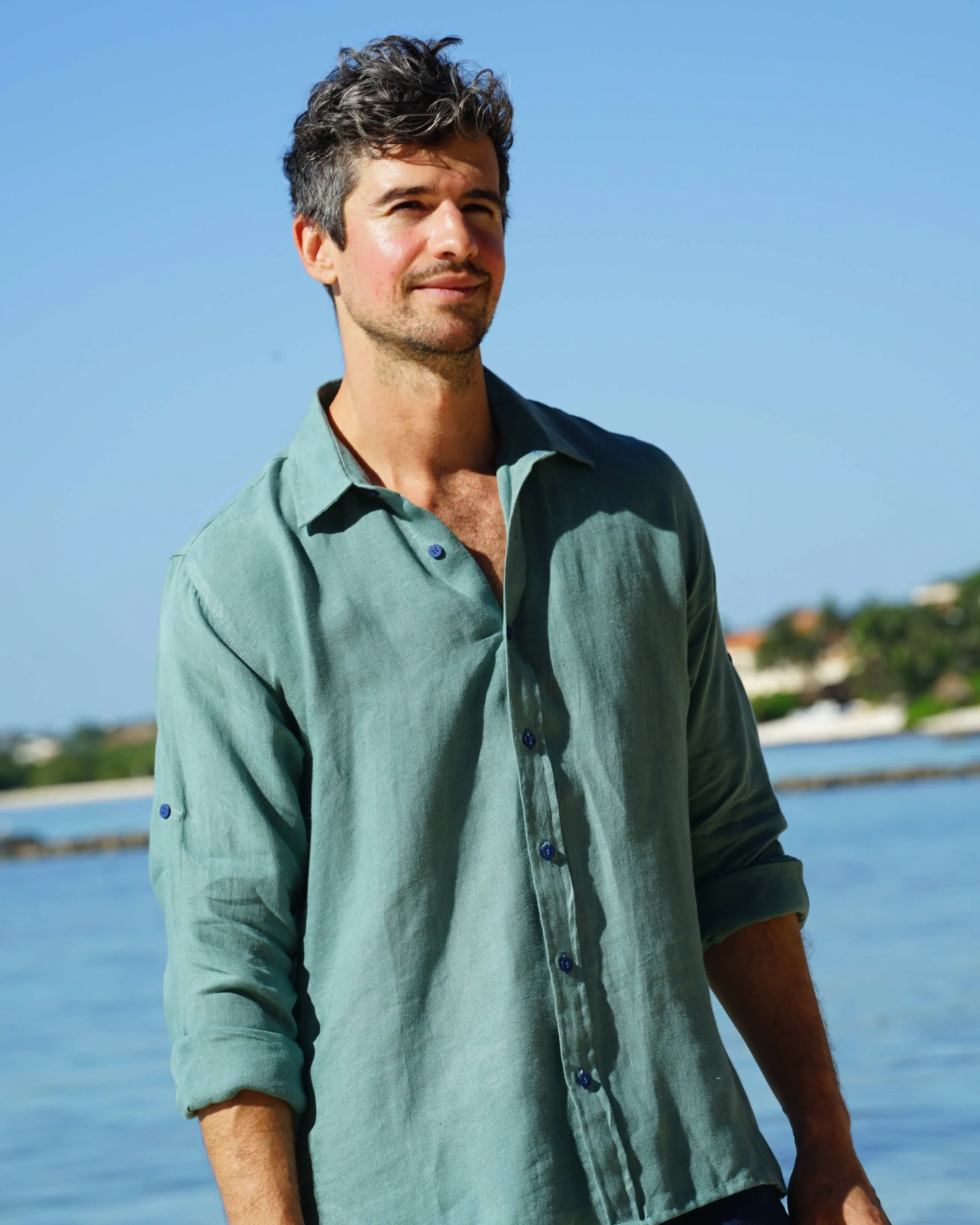 MALLORCA Linen Shirt - Forest Green/Blue