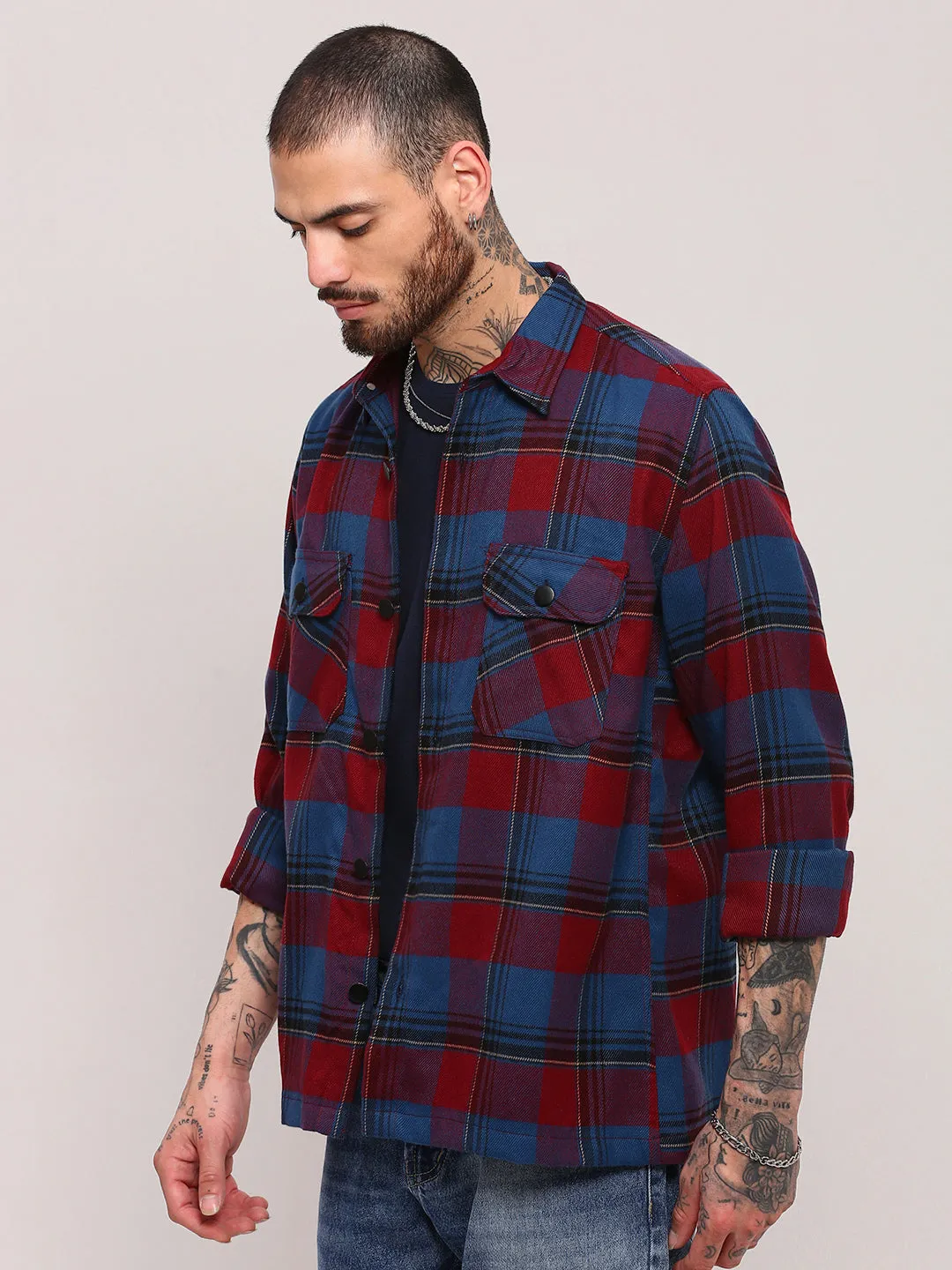 Men Red Checked Relaxed Cotton Casual Shacket