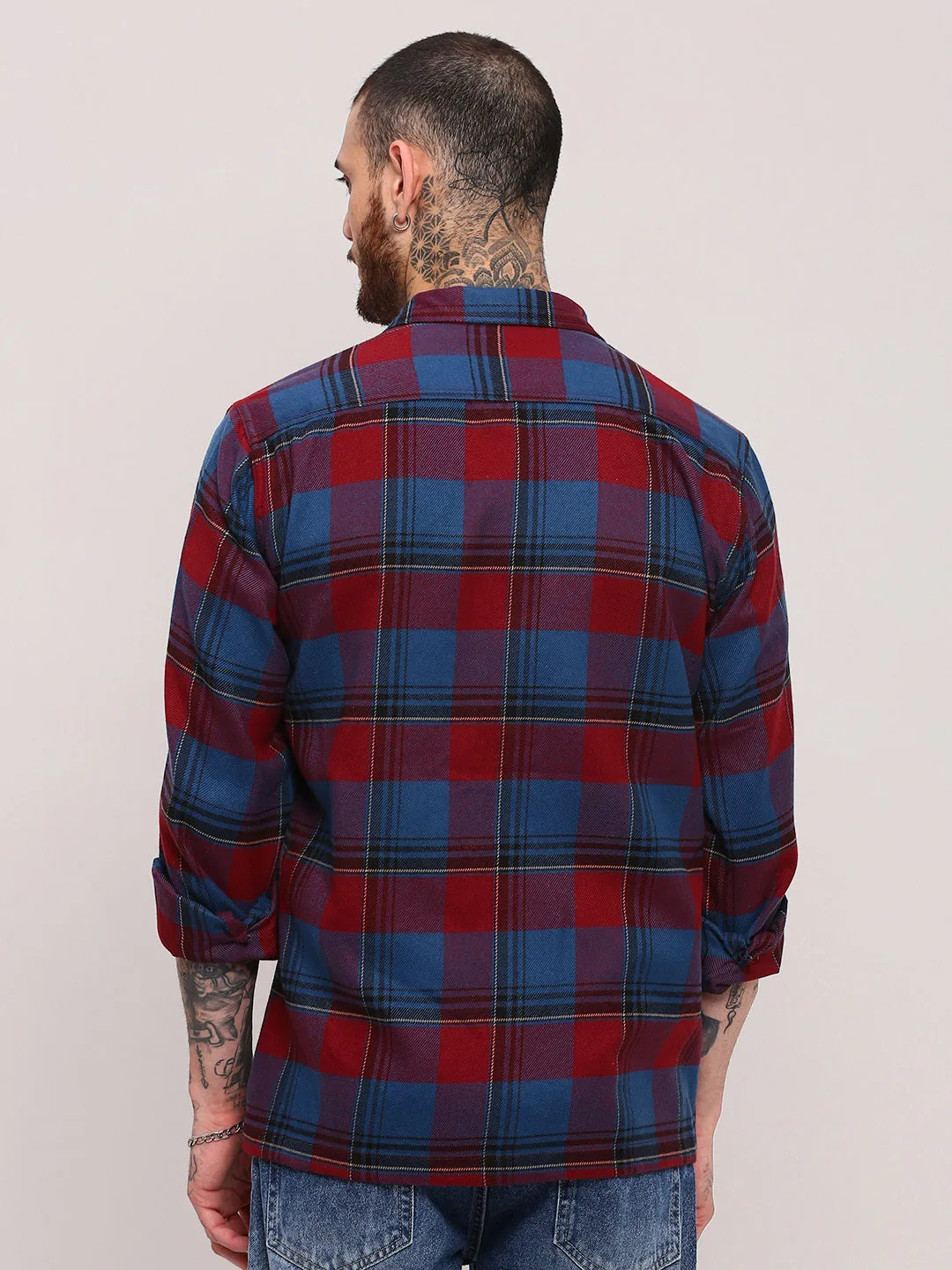 Men Red Checked Relaxed Cotton Casual Shacket