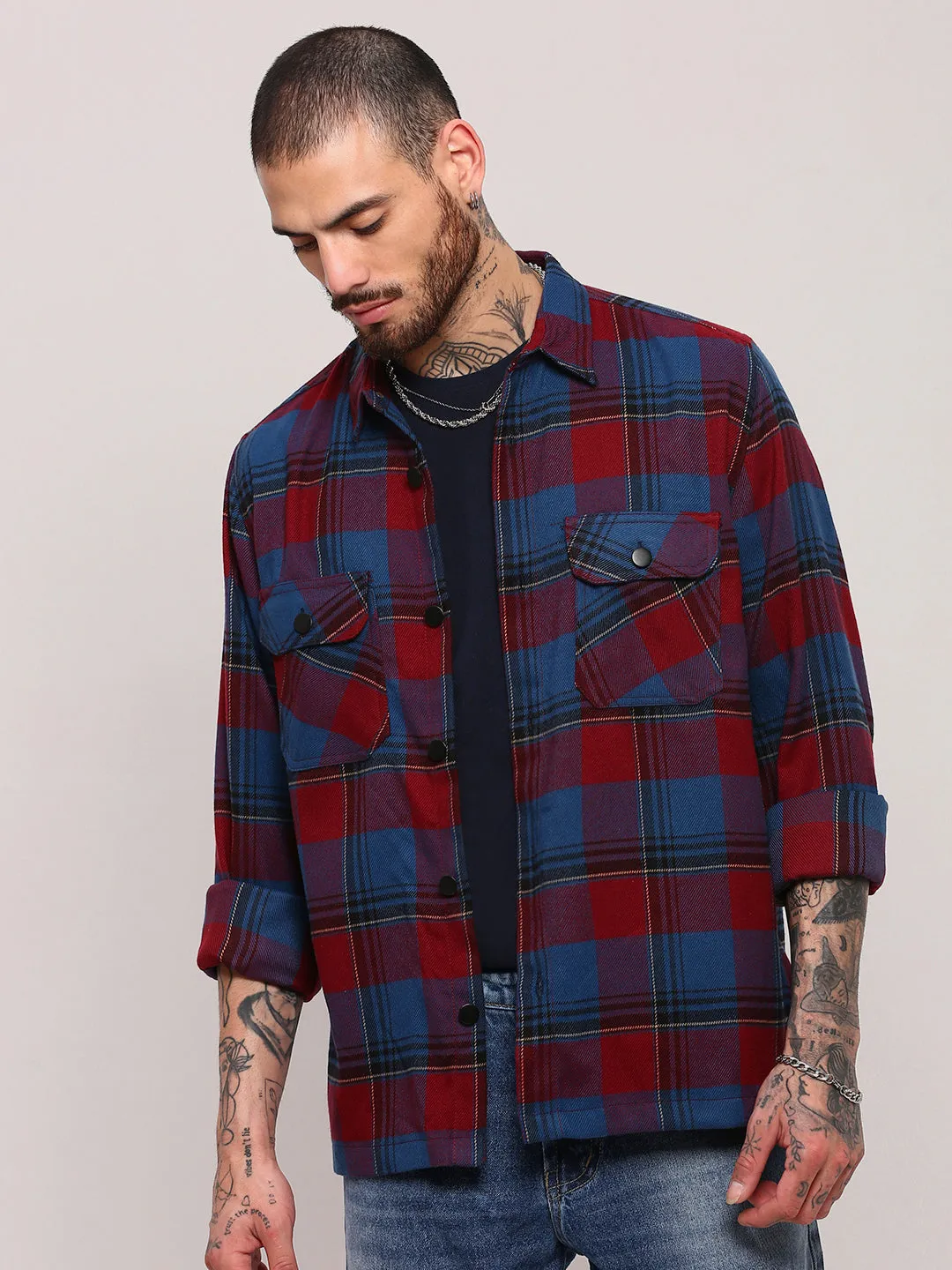 Men Red Checked Relaxed Cotton Casual Shacket
