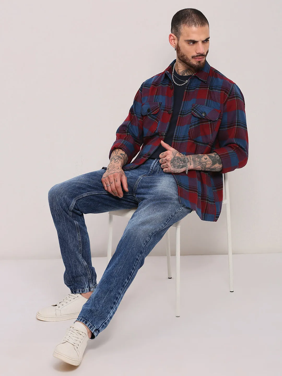 Men Red Checked Relaxed Cotton Casual Shacket
