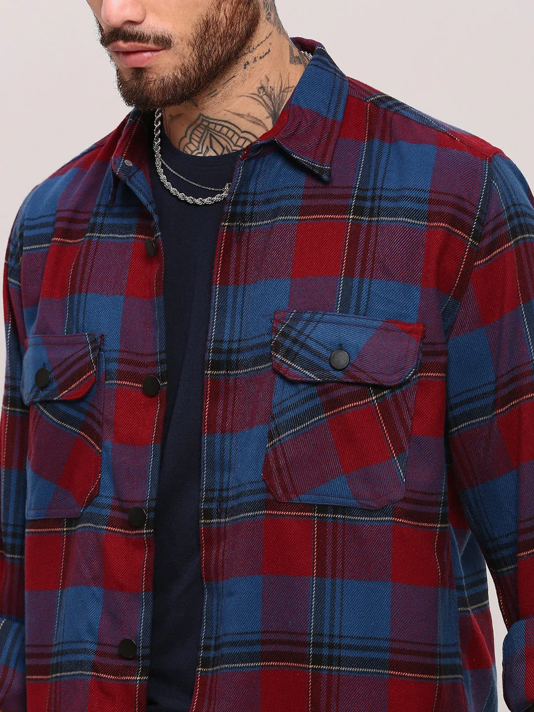 Men Red Checked Relaxed Cotton Casual Shacket