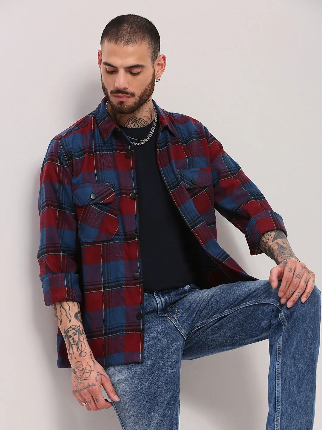Men Red Checked Relaxed Cotton Casual Shacket