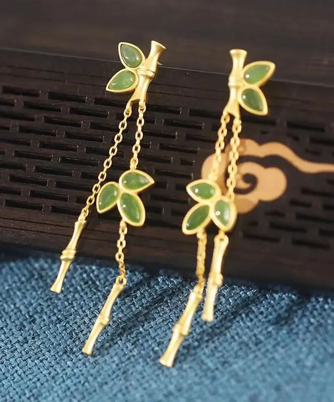 Modern Green Sterling Silver Overgild Bamboo Drop Earrings LY8618