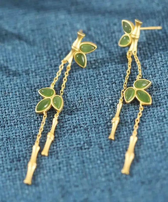 Modern Green Sterling Silver Overgild Bamboo Drop Earrings LY8618