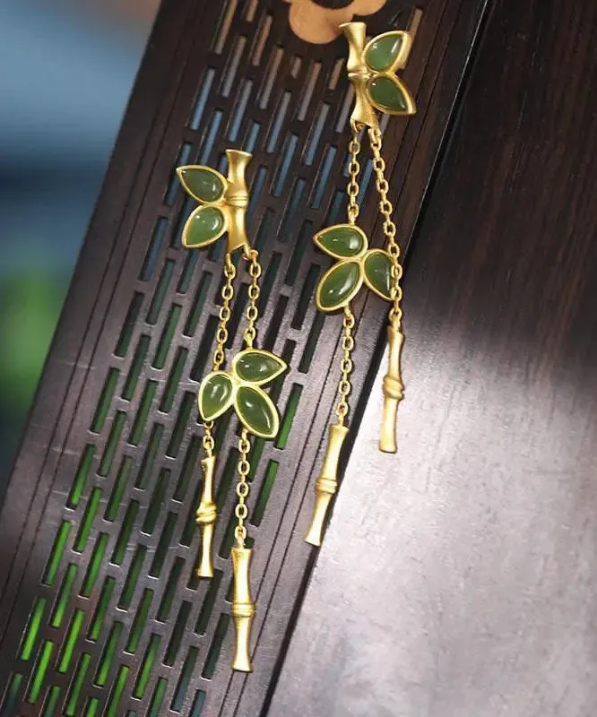Modern Green Sterling Silver Overgild Bamboo Drop Earrings LY8618