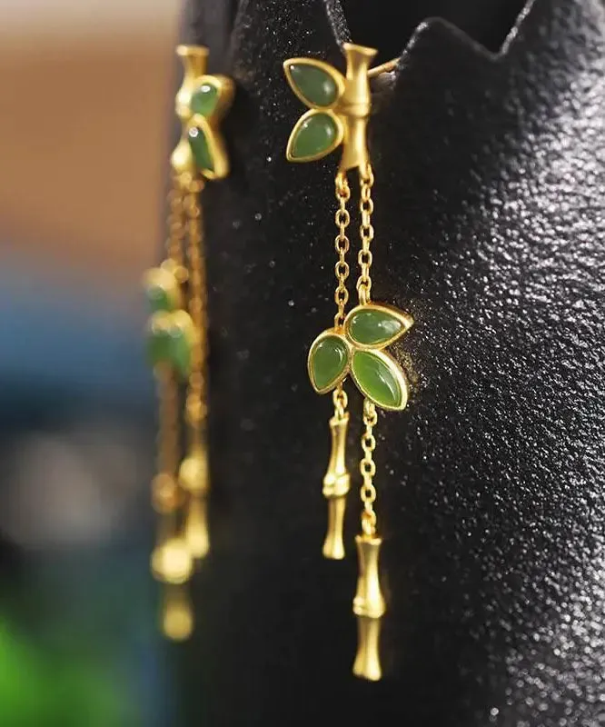 Modern Green Sterling Silver Overgild Bamboo Drop Earrings LY8618