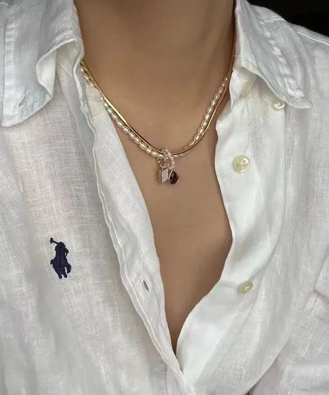 Modern Purple Asymmetricar Pearl Crystal Zircon Pendant Necklace ML0303