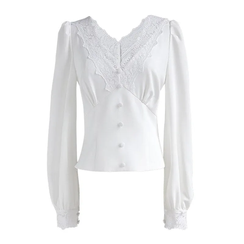 Nsquared Elegant Lace V-Neck Blouse | Women Long Lantern Sleeve Single Breasted Vintage Solid Shirts Tops Office Lady