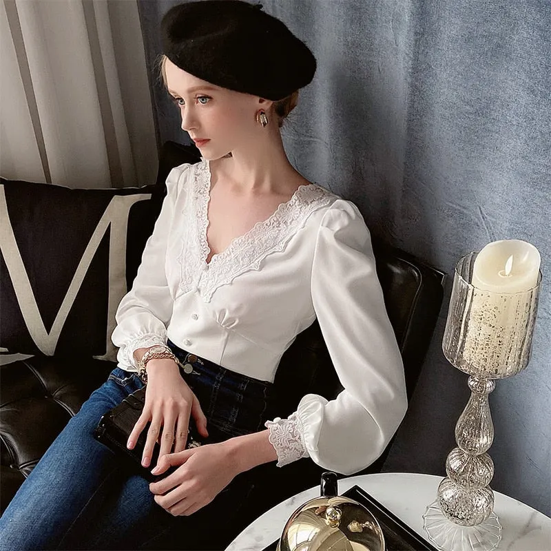 Nsquared Elegant Lace V-Neck Blouse | Women Long Lantern Sleeve Single Breasted Vintage Solid Shirts Tops Office Lady