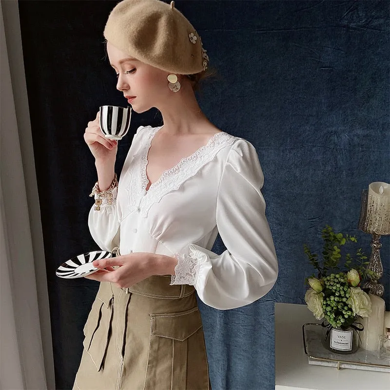 Nsquared Elegant Lace V-Neck Blouse | Women Long Lantern Sleeve Single Breasted Vintage Solid Shirts Tops Office Lady