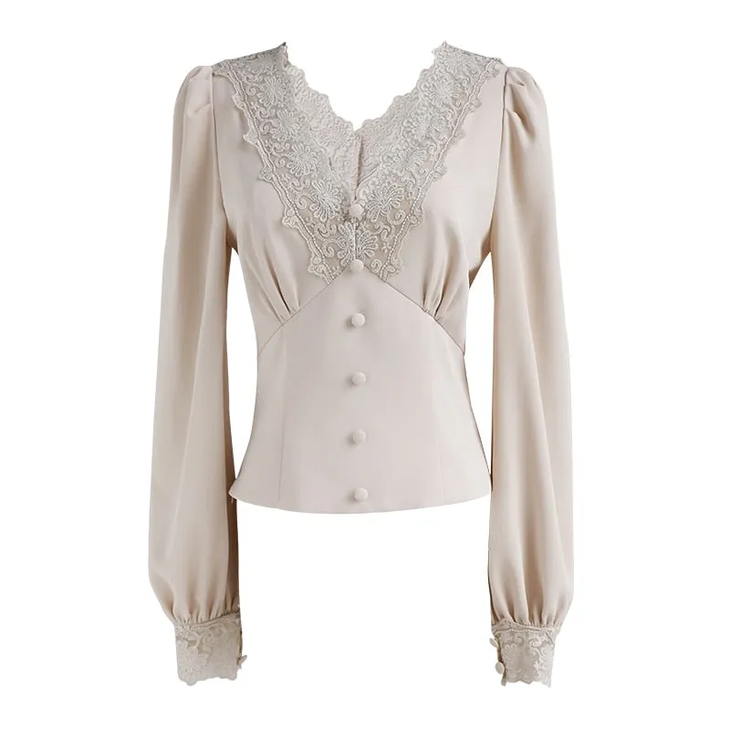 Nsquared Elegant Lace V-Neck Blouse | Women Long Lantern Sleeve Single Breasted Vintage Solid Shirts Tops Office Lady
