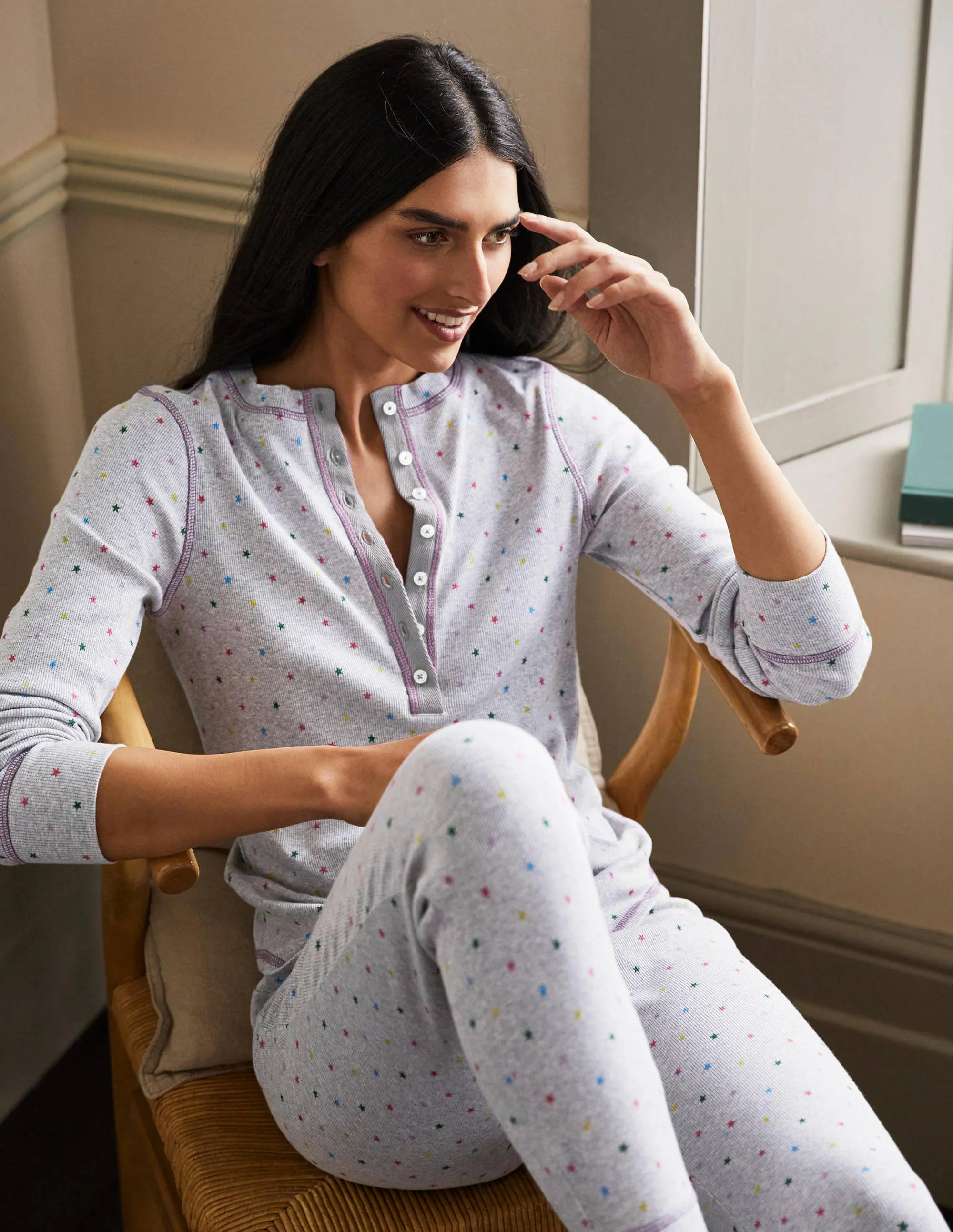 Ribbed Henley Pyjama Top-Grey Marl, Multi Little Star