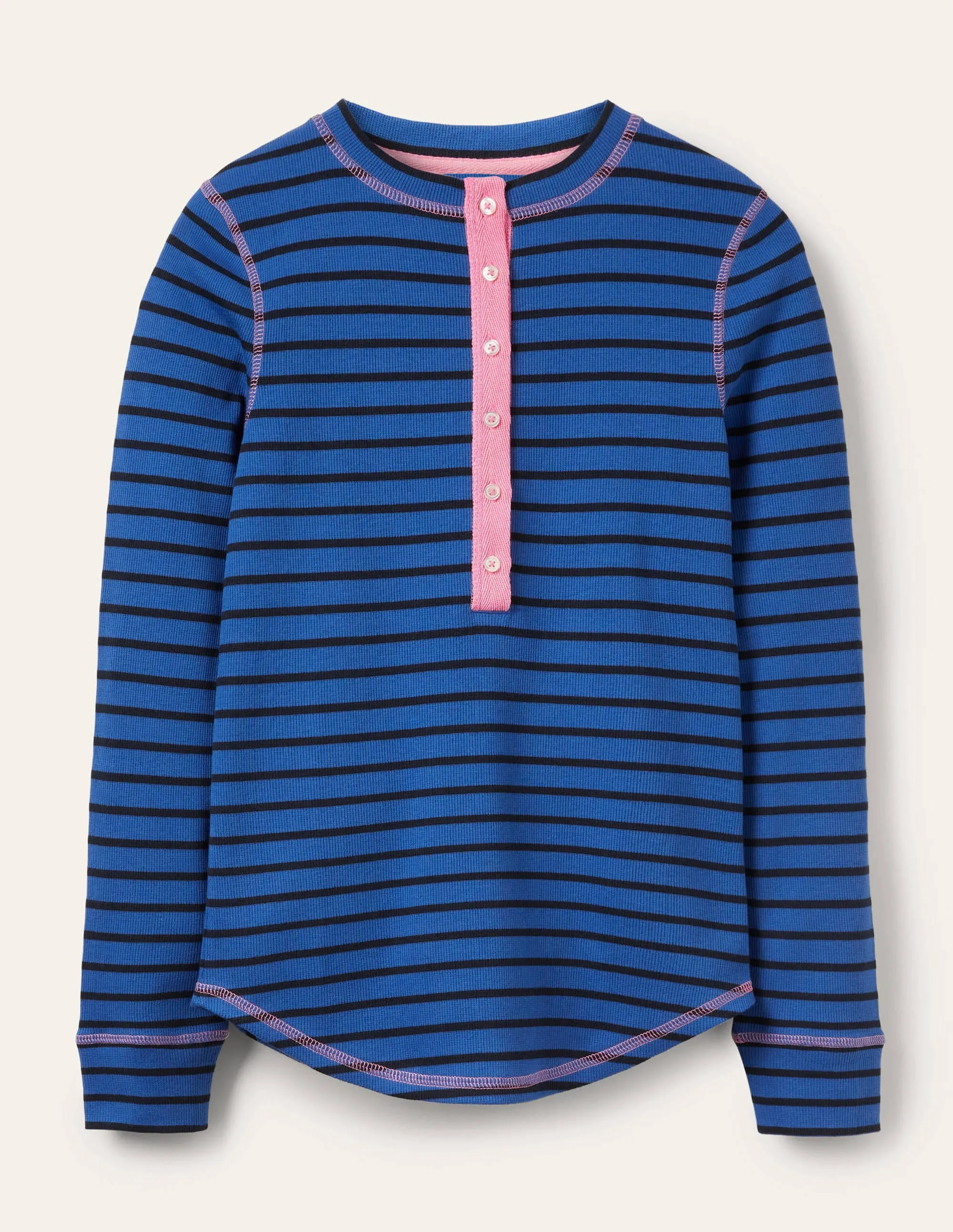 Ribbed Henley Pyjama Top-Porcelain Blue and Navy Stripe
