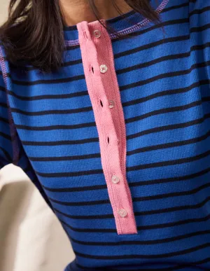 Ribbed Henley Pyjama Top-Porcelain Blue and Navy Stripe
