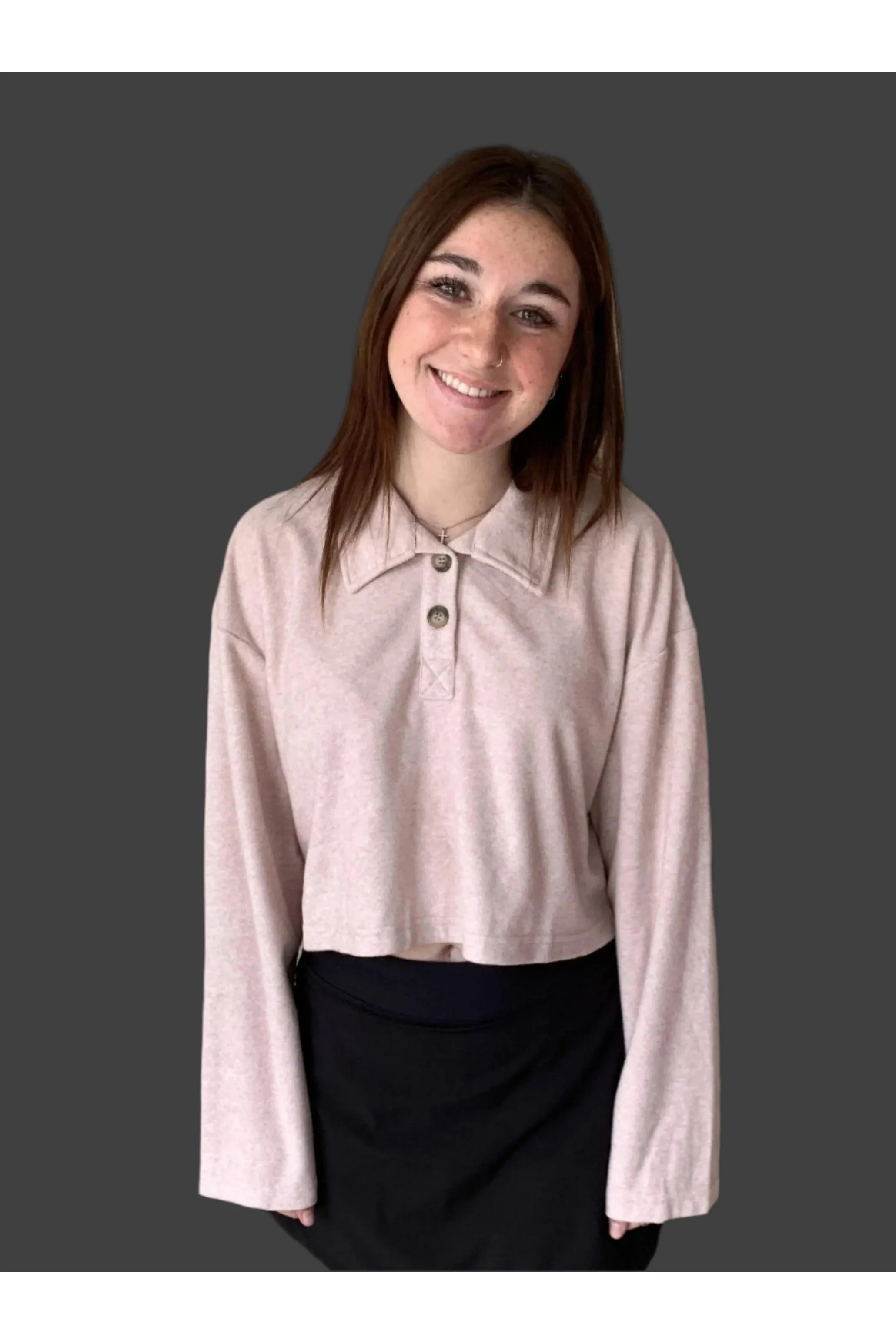 Rose Pink Towel Terry Half-Placket Cropped Button Front Top