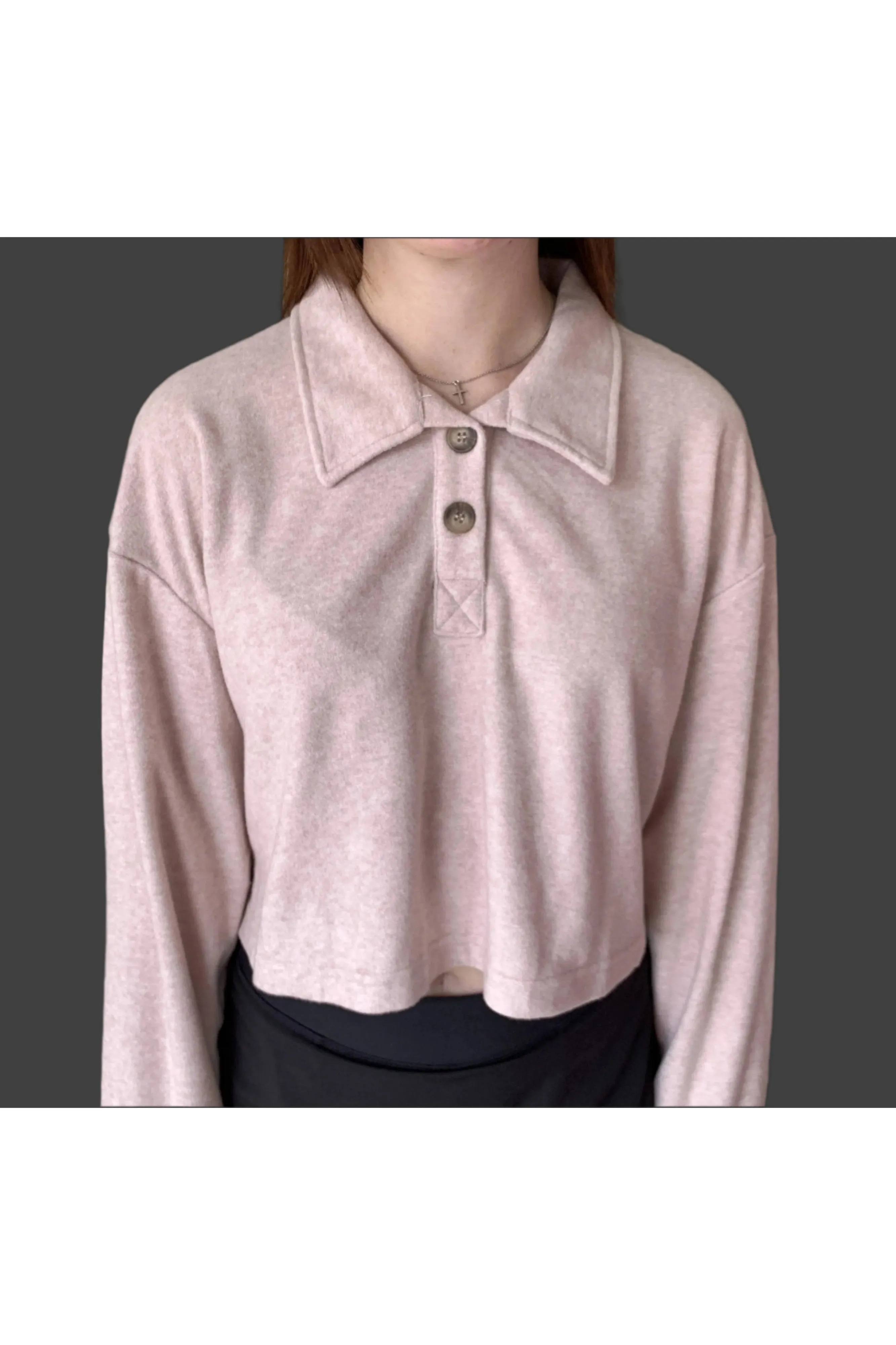 Rose Pink Towel Terry Half-Placket Cropped Button Front Top