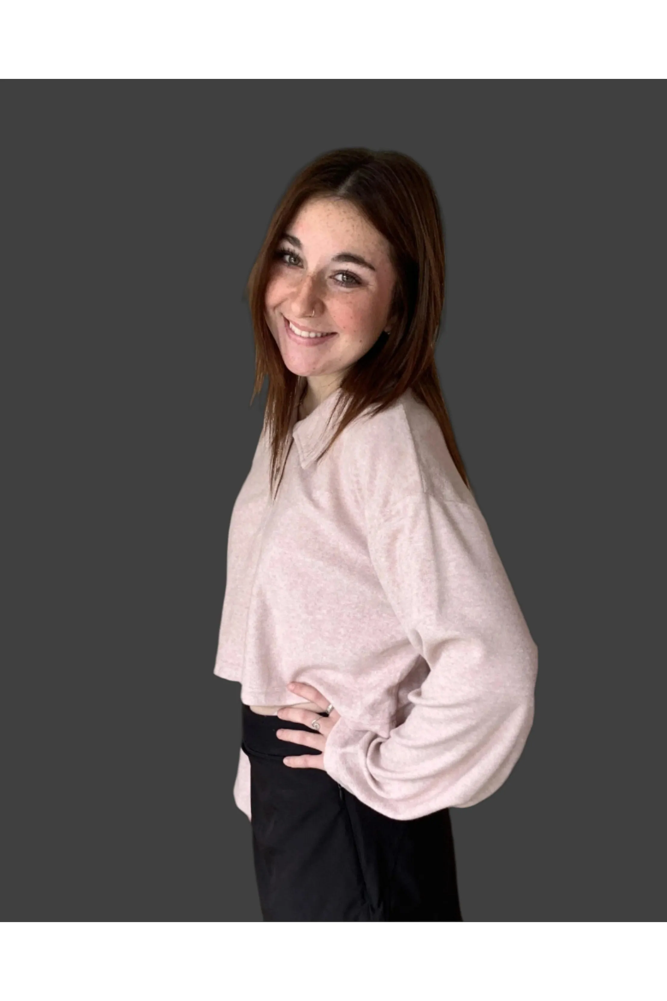 Rose Pink Towel Terry Half-Placket Cropped Button Front Top