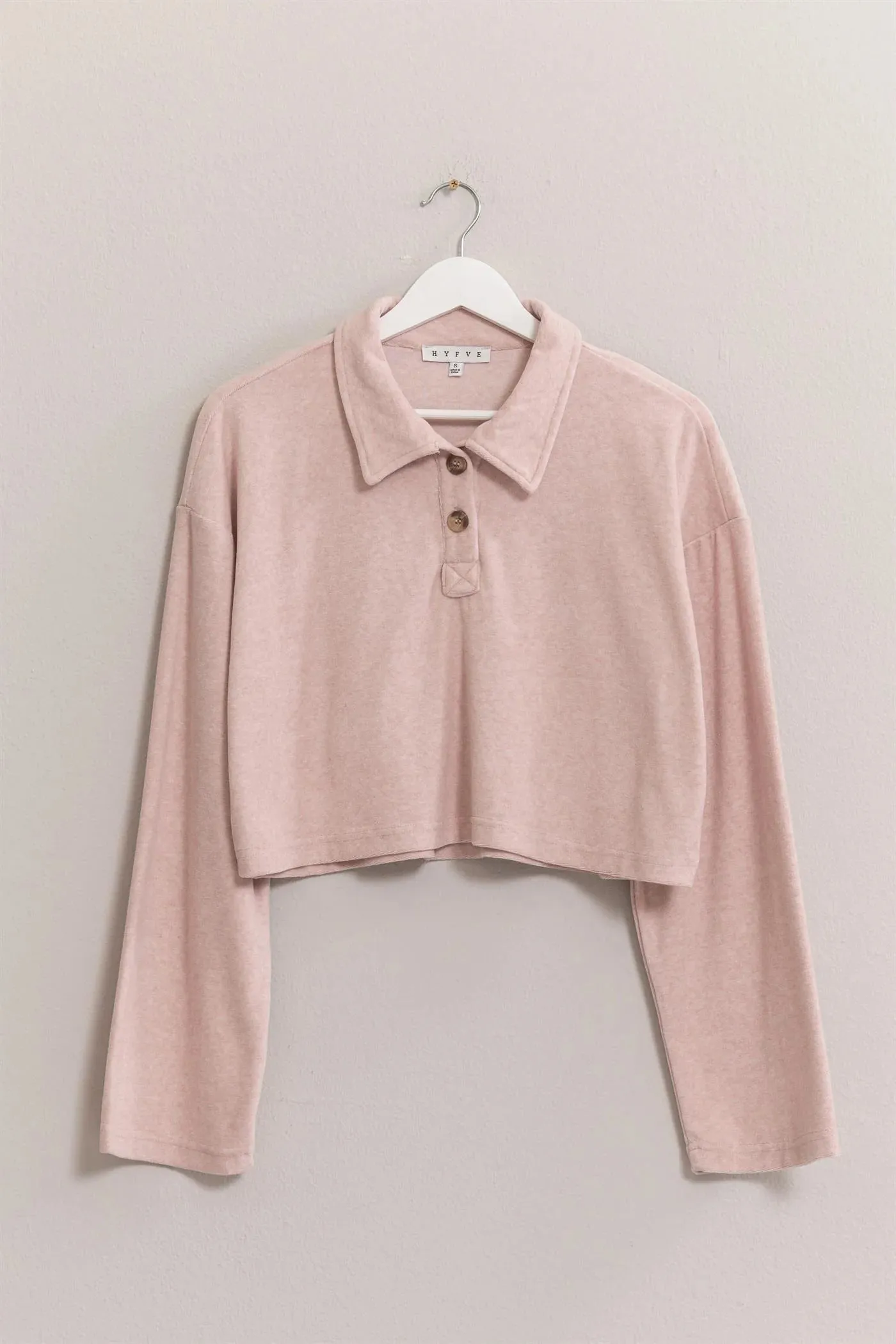Rose Pink Towel Terry Half-Placket Cropped Button Front Top