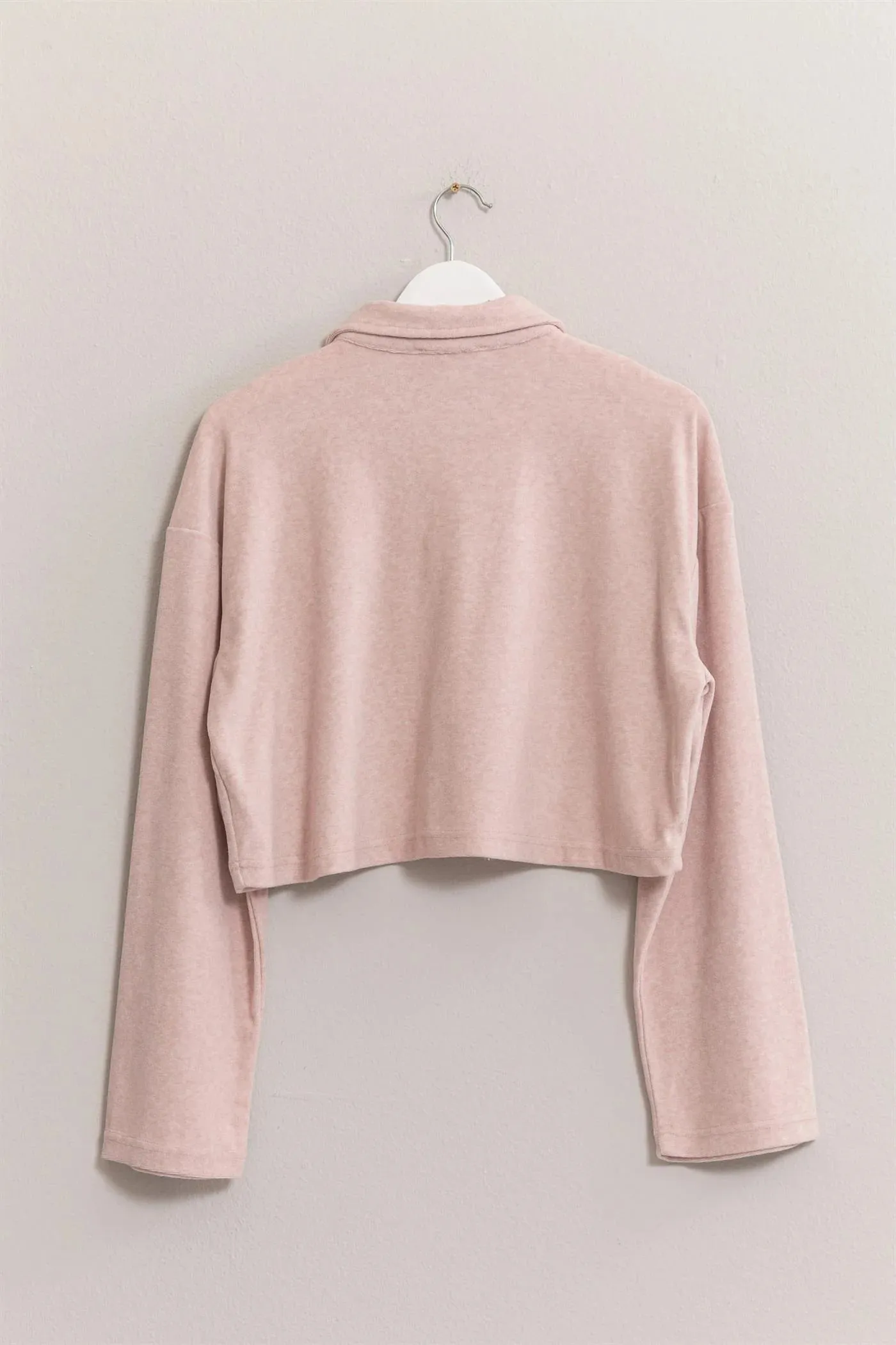 Rose Pink Towel Terry Half-Placket Cropped Button Front Top