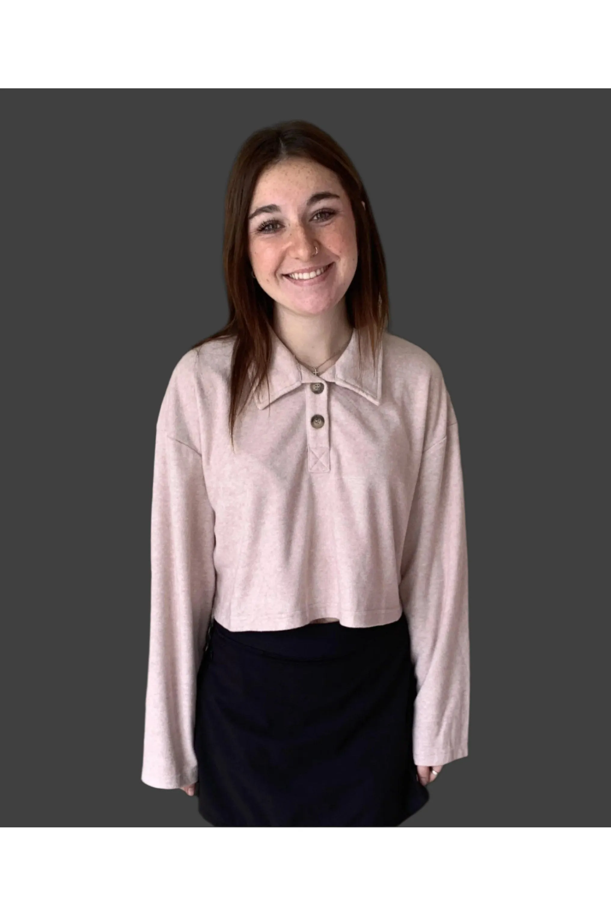 Rose Pink Towel Terry Half-Placket Cropped Button Front Top