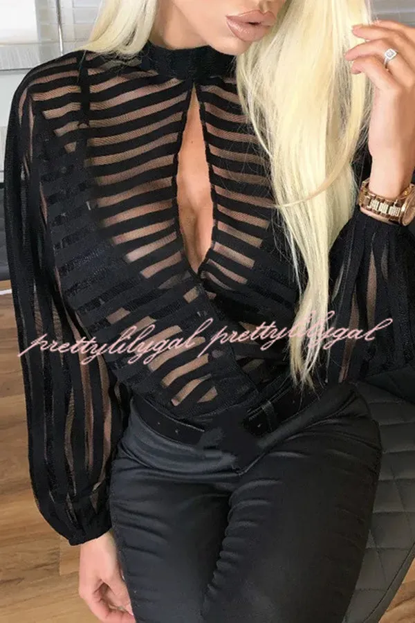 Sexy Hollow See-through Striped Stand-collar Shirt