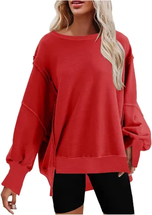 SMIDOW Womens Oversized Crewneck Sweatshirts Loose Fit Solid Color Corded Pullover Tops Fall Fashion Comfort Clothes