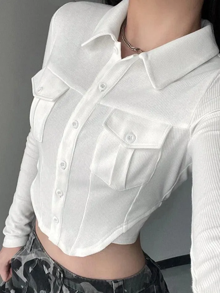 Solid Pocket Curvy Hem Polo Neck Long Sleeve Knit