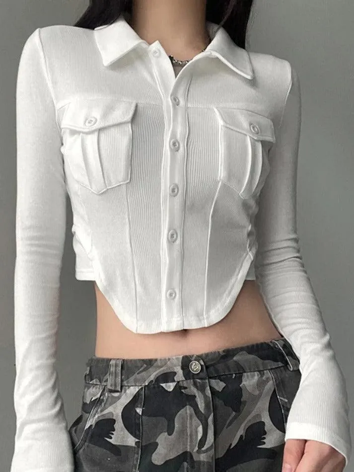 Solid Pocket Curvy Hem Polo Neck Long Sleeve Knit