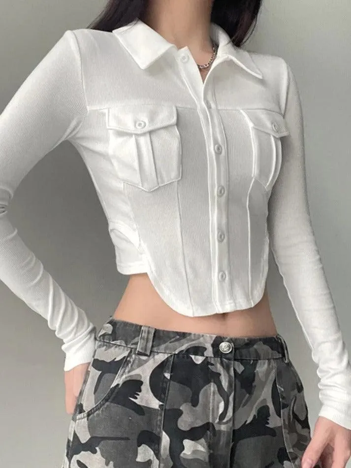 Solid Pocket Curvy Hem Polo Neck Long Sleeve Knit