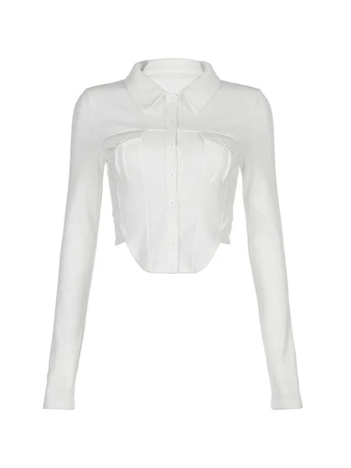 Solid Pocket Curvy Hem Polo Neck Long Sleeve Knit