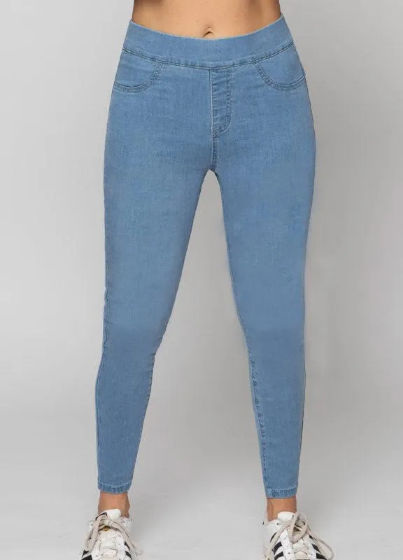 Stretchy Tummy Shaping Pull On Skinny Jeggings - Ice blue