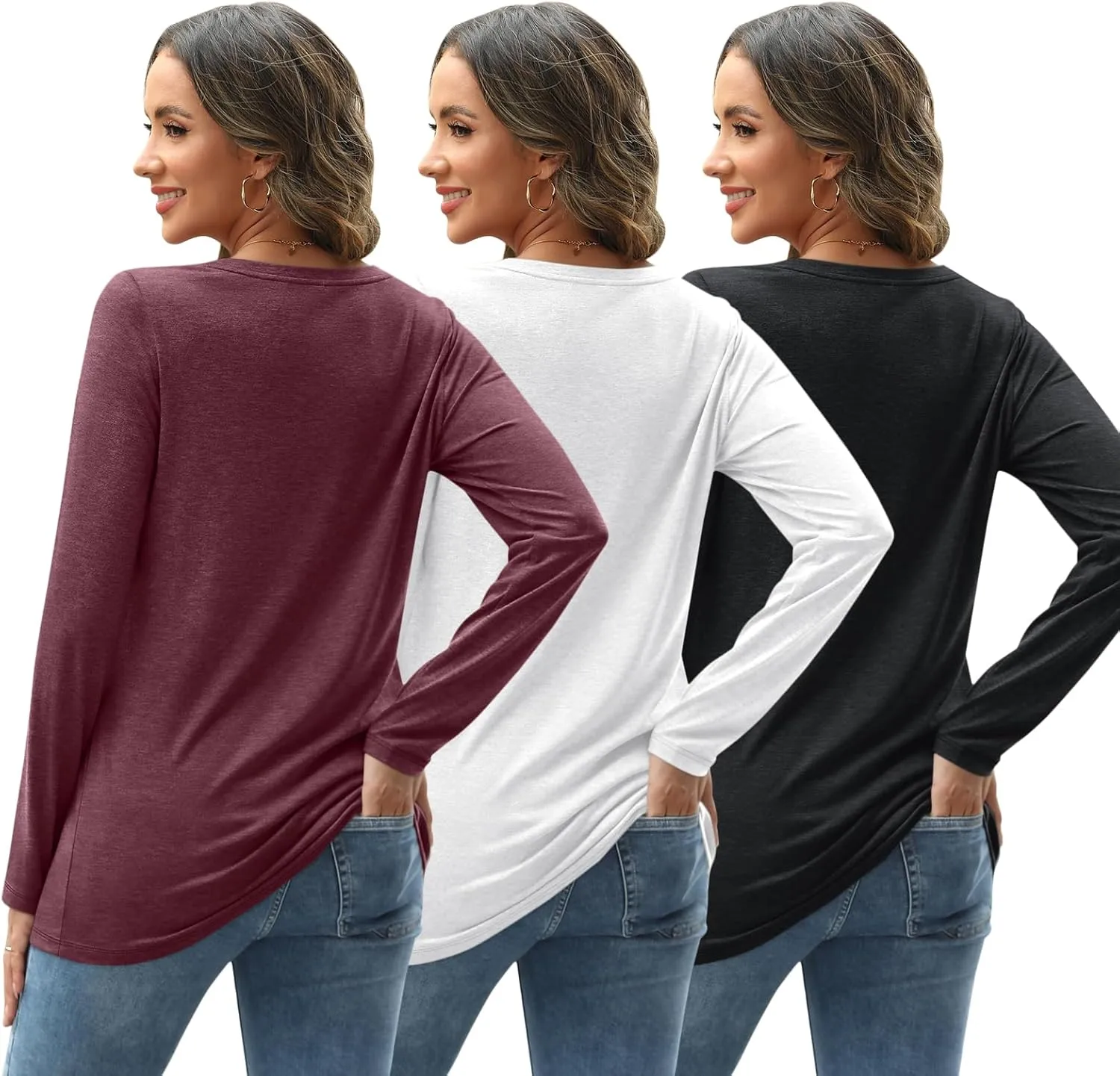 SUNBS 3 Pack Womens Long Sleeve Shirts V Neck Tops Loose Fit Causal Fall Fashion Outfits Trendy Clothes Winter 2025
