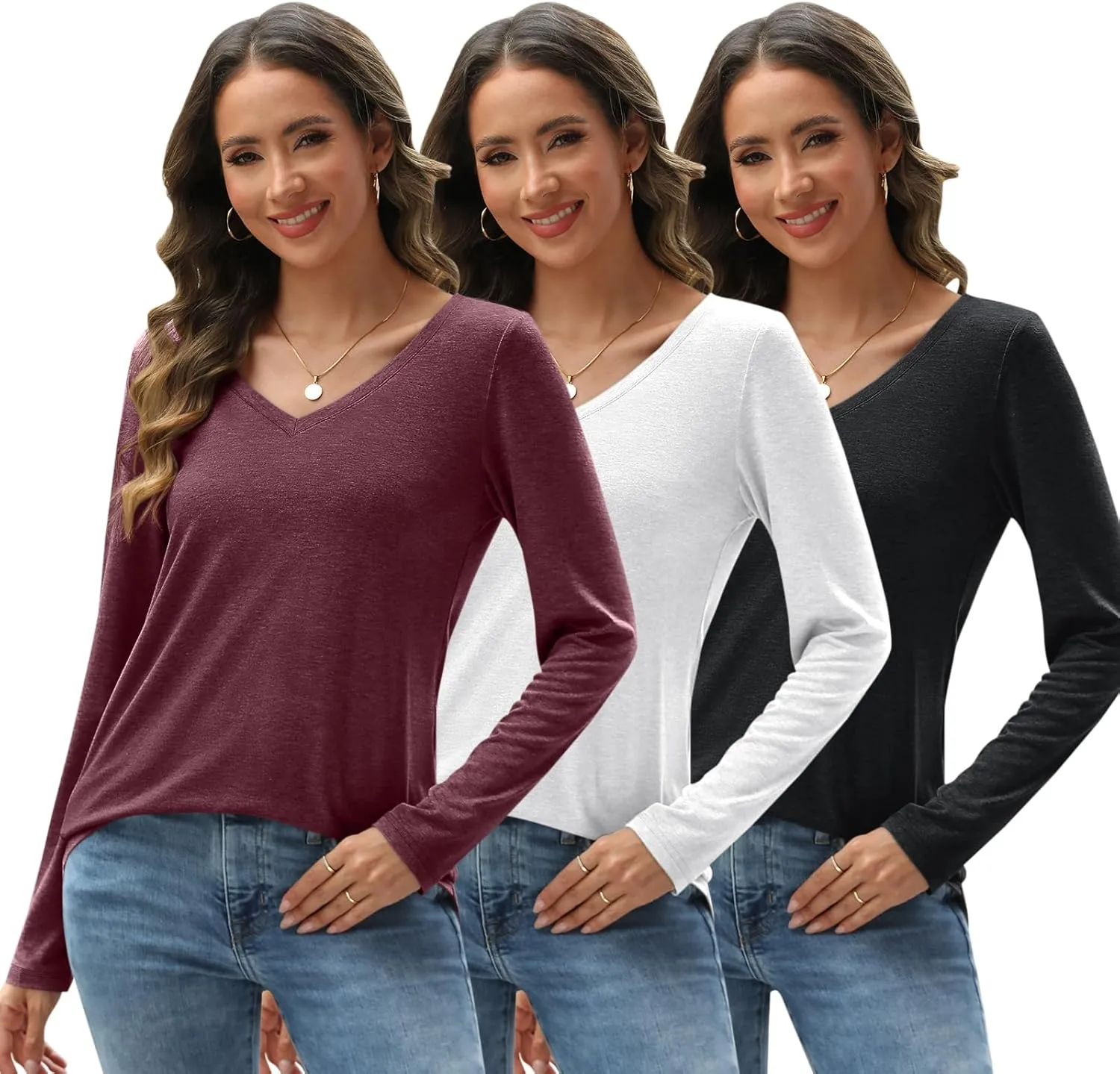 SUNBS 3 Pack Womens Long Sleeve Shirts V Neck Tops Loose Fit Causal Fall Fashion Outfits Trendy Clothes Winter 2025