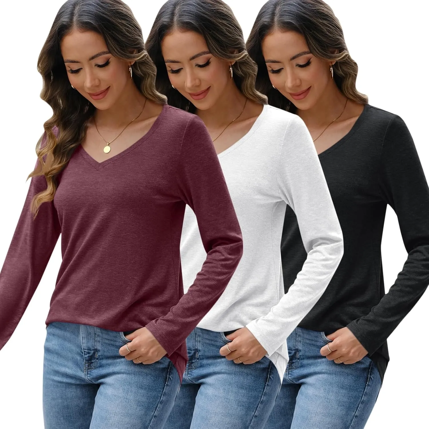 SUNBS 3 Pack Womens Long Sleeve Shirts V Neck Tops Loose Fit Causal Fall Fashion Outfits Trendy Clothes Winter 2025